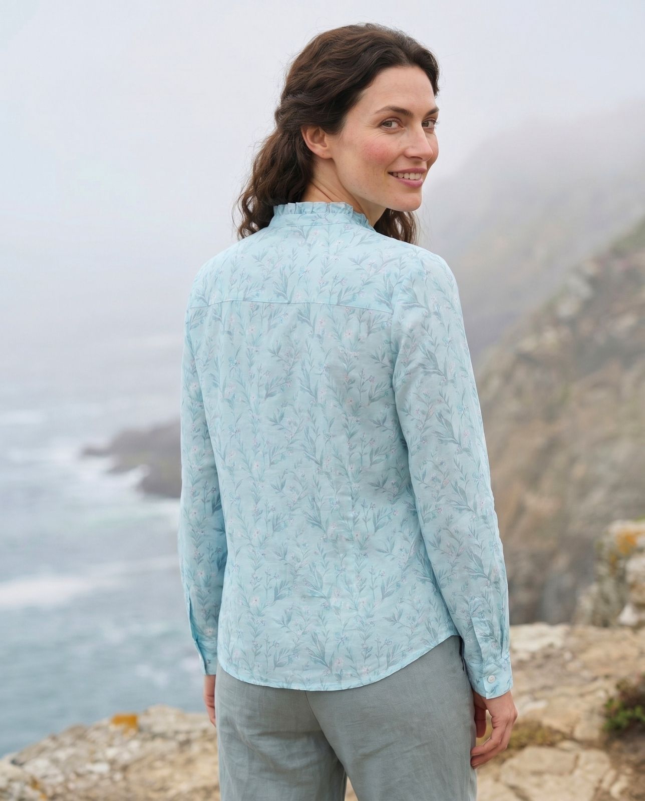 Numerology 7 Top – Light Blue, Sea-Green, Grey & Off-White Ketu-Energised Mal Chanderi Shirt - Image 4