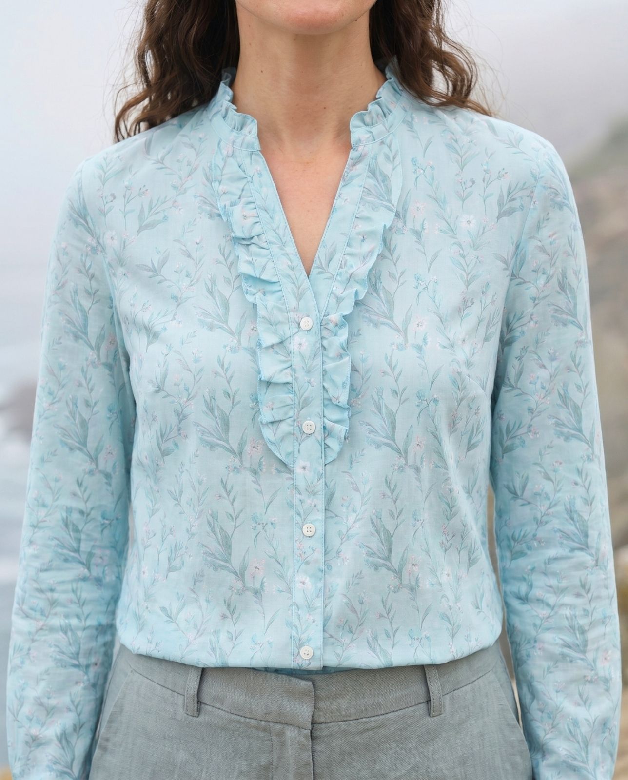 Numerology 7 Top – Light Blue, Sea-Green, Grey & Off-White Ketu-Energised Mal Chanderi Shirt - Image 5