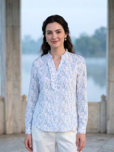 Numerology 2 Top – White, Silver & Light Blue Moon-Energised Mal Chanderi Shirt