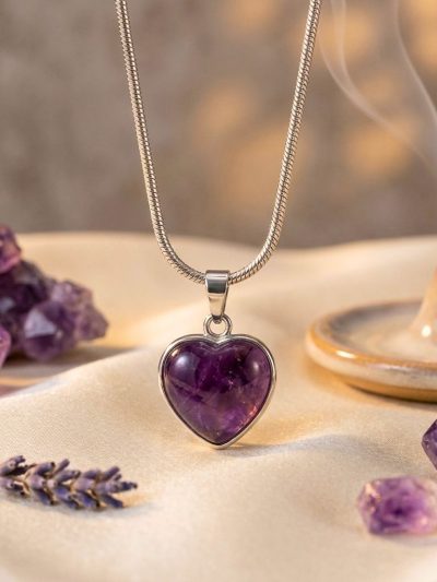 Amethyst Heart Pendant in Stainless Steel – Calm & Protection Crystal Necklace