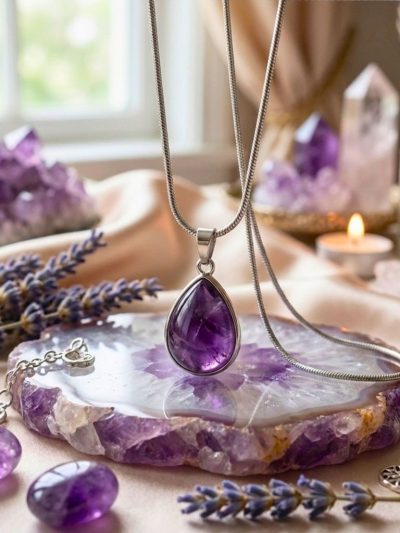 Amethyst Oval Pendant in Stainless Steel – Calm & Protection Crystal Necklace
