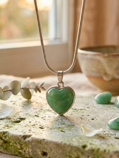 Green Aventurine Heart Pendant in Stainless Steel – Luck & Prosperity Crystal Necklace