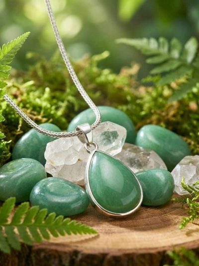 Green Aventurine Oval Pendant in Sterling Silver – Luck & Prosperity Crystal Necklace