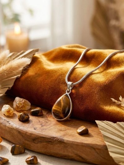 Tiger Eye Oval Pendant in Sterling Silver – Confidence & Strength Crystal Necklace