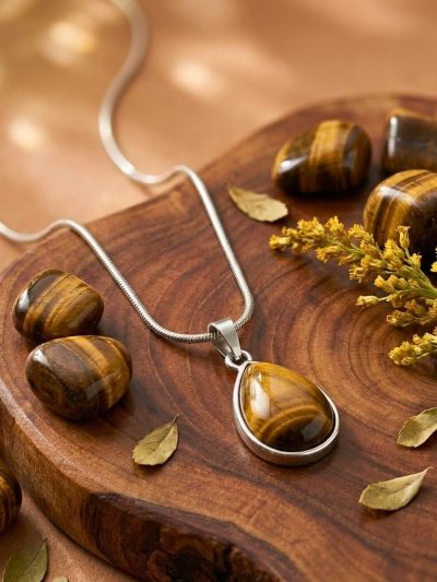 Tiger Eye Oval Pendant in Stainless Steel – Confidence & Strength Crystal Necklace