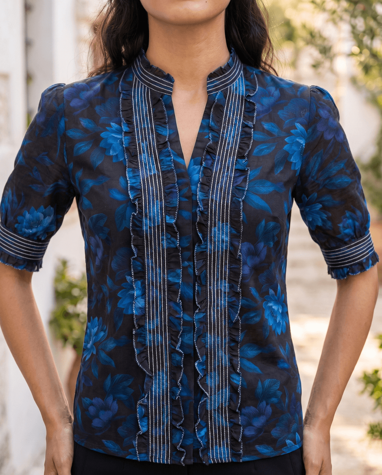 Aquarius Zodiac Top | Saturn Innovation Astrology Tee in Dark Blue & Black - Image 4